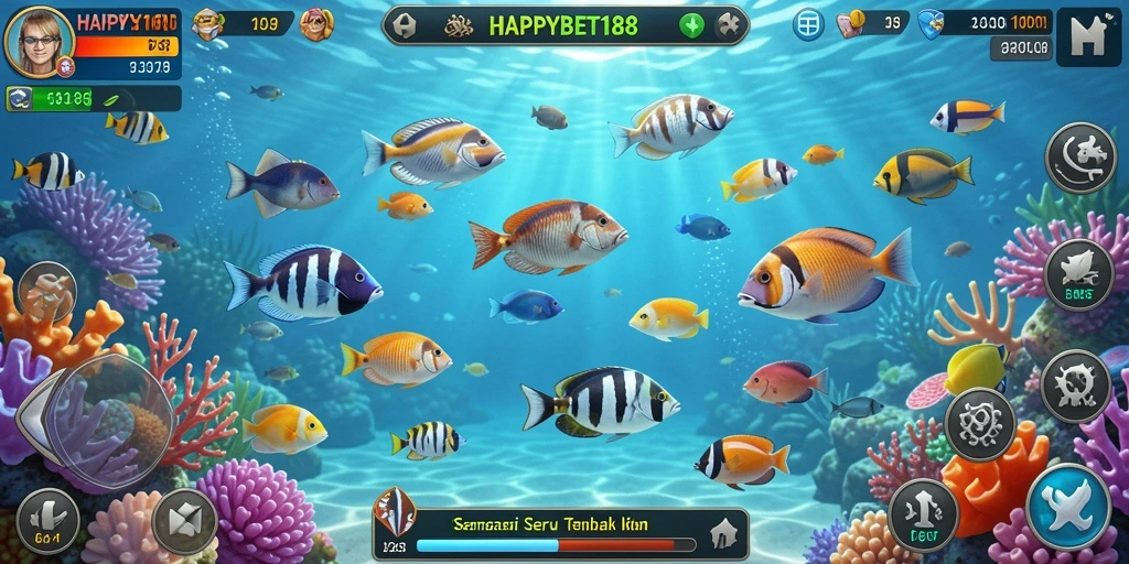 Screenshot gameplay HAPPYBET188 menunjukkan keseruan tembak ikan yang memukau.